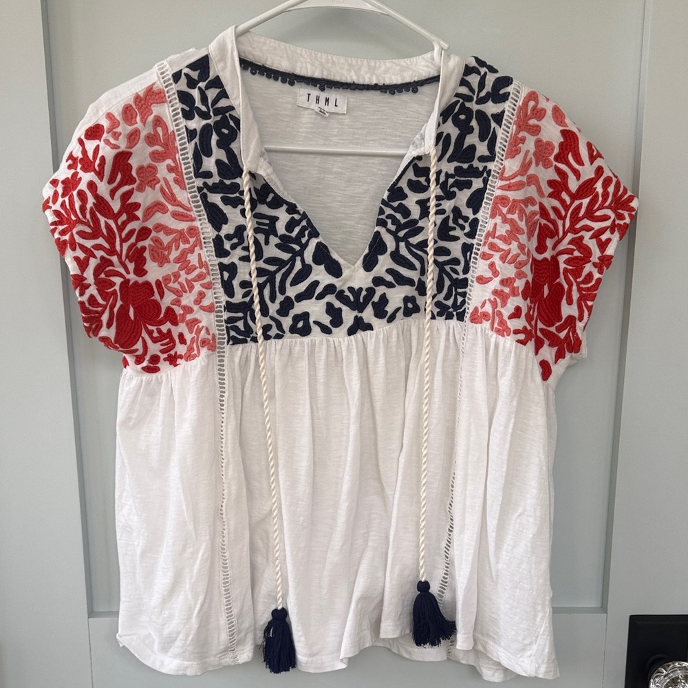 THML Embroidered White and Red Women's Babydoll Boho Top XS